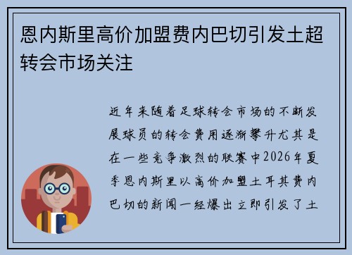 恩内斯里高价加盟费内巴切引发土超转会市场关注