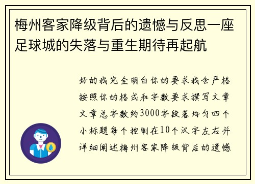 梅州客家降级背后的遗憾与反思一座足球城的失落与重生期待再起航 梅州客家降级背后的遗憾与反思一座足球城的失落与重生期待再起航